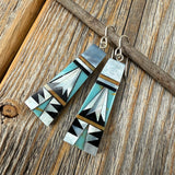 Turquoise Inlay Earrings, Mother-of-Pearl & Onyx Mosaic, Fan-Shape Southwestern Dangles, Sterling Silver Hooks, Statement Gift for Her
