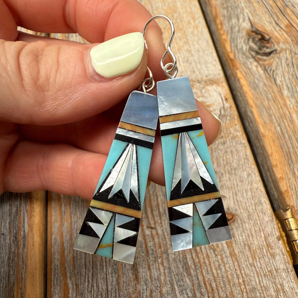 Turquoise Inlay Earrings, Mother-of-Pearl Onyx Mosaic, Sterling Silver Dangles