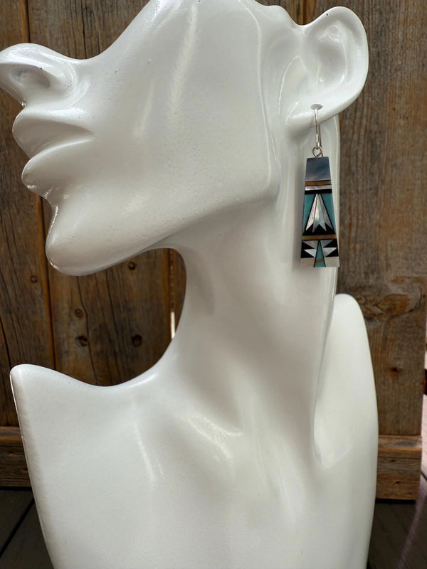 Turquoise Inlay Earrings, Mother-of-Pearl Onyx Mosaic, Sterling Silver Dangles