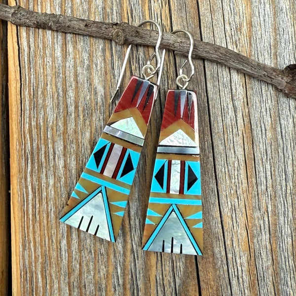 Turquoise Inlay Earrings, Spiny Oyster & Mother-of-Pearl Mosaic, Southwestern Fan Dangles, Sterling Silver Hooks, Statement Gift for Her
