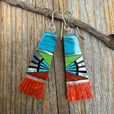 Turquoise Inlay Earrings, Spiny Oyster Shell & Mother-of-Pearl, Southwestern Fan Dangle, Colorful Statement Jewelry, Sterling Silver Hooks