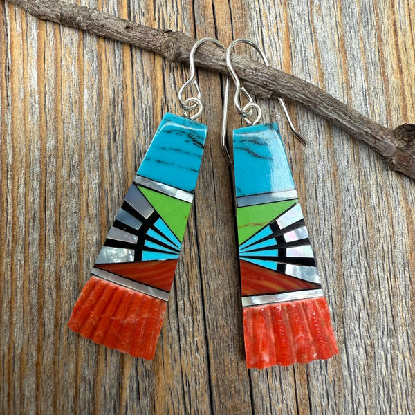 Turquoise Inlay Earrings, Spiny Oyster Shell & Mother-of-Pearl, Southwestern Fan Dangle, Colorful Statement Jewelry, Sterling Silver Hooks