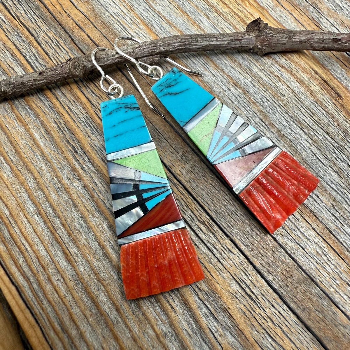 Turquoise Inlay Earrings, Spiny Oyster Shell & Mother-of-Pearl, Southwestern Fan Dangle, Colorful Statement Jewelry, Sterling Silver Hooks