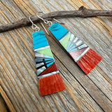 Turquoise Inlay Earrings, Spiny Oyster Shell & Mother-of-Pearl, Southwestern Fan Dangle, Colorful Statement Jewelry, Sterling Silver Hooks