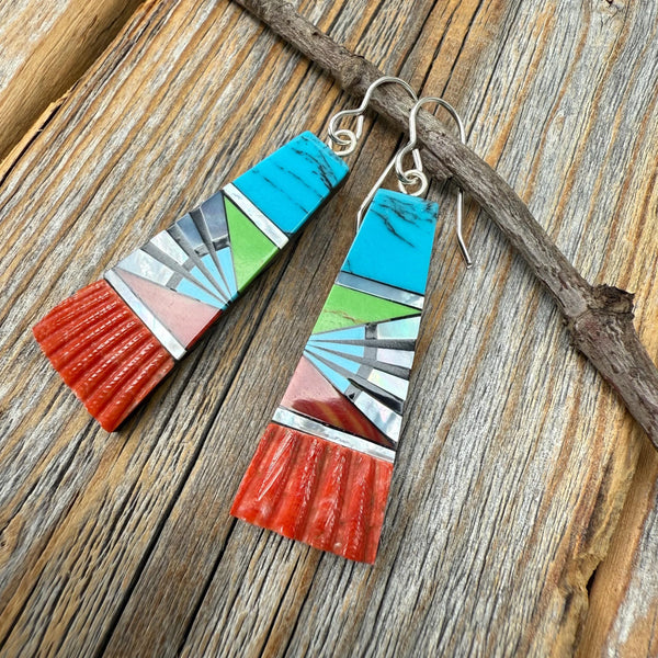 Turquoise Inlay Earrings, Spiny Oyster Shell & Mother-of-Pearl, Southwestern Fan Dangle, Colorful Statement Jewelry, Sterling Silver Hooks