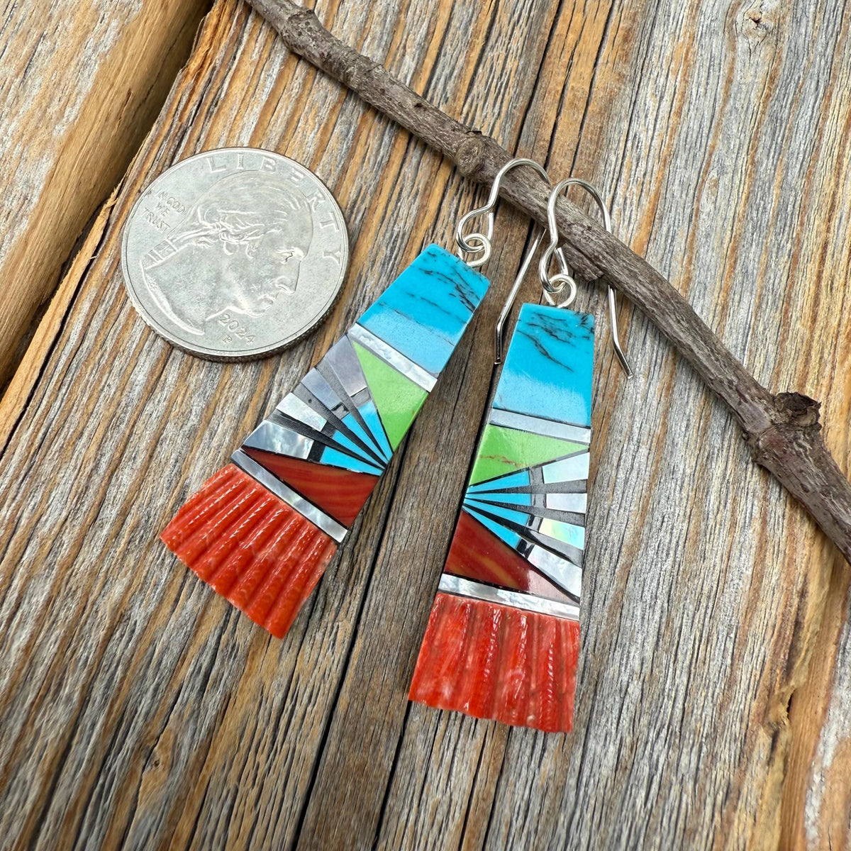 Turquoise Inlay Earrings, Spiny Oyster Shell & Mother-of-Pearl, Southwestern Fan Dangle, Colorful Statement Jewelry, Sterling Silver Hooks
