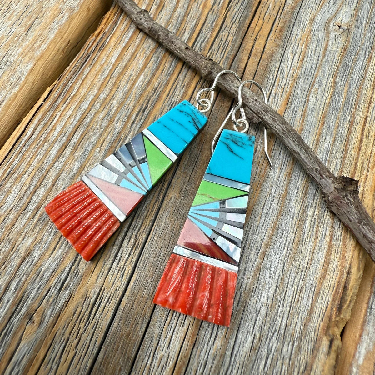 Turquoise Inlay Earrings, Spiny Oyster Shell & Mother-of-Pearl, Southwestern Fan Dangle, Colorful Statement Jewelry, Sterling Silver Hooks
