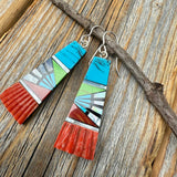 Turquoise Inlay Earrings, Spiny Oyster Shell & Mother-of-Pearl, Southwestern Fan Dangle, Colorful Statement Jewelry, Sterling Silver Hooks