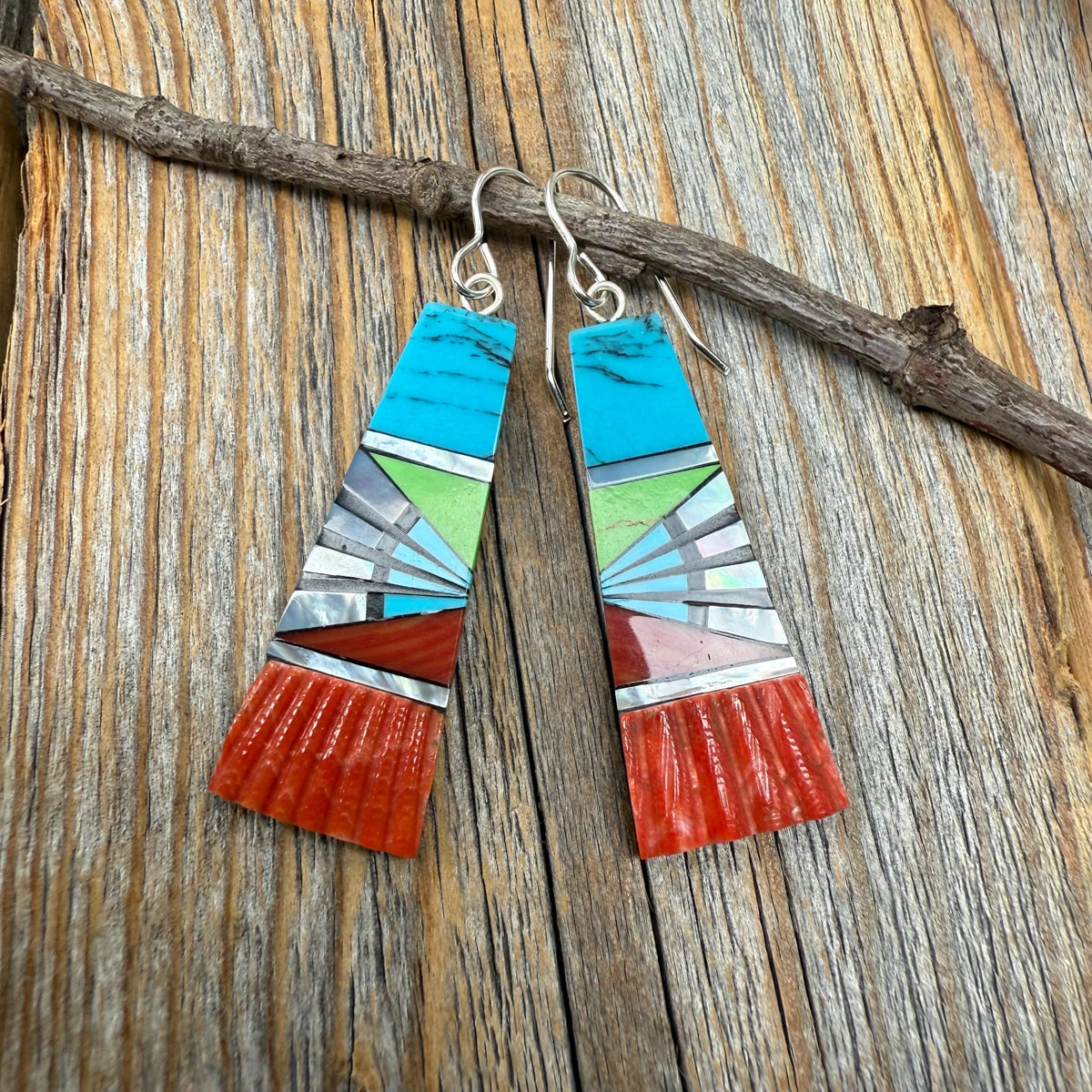 Turquoise Inlay Earrings, Spiny Oyster Shell & Mother-of-Pearl, Southwestern Fan Dangle, Colorful Statement Jewelry, Sterling Silver Hooks