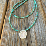 Turquoise Layered Necklace with Coin Pearl Pendant, Dainty Boho Beach Jewelry