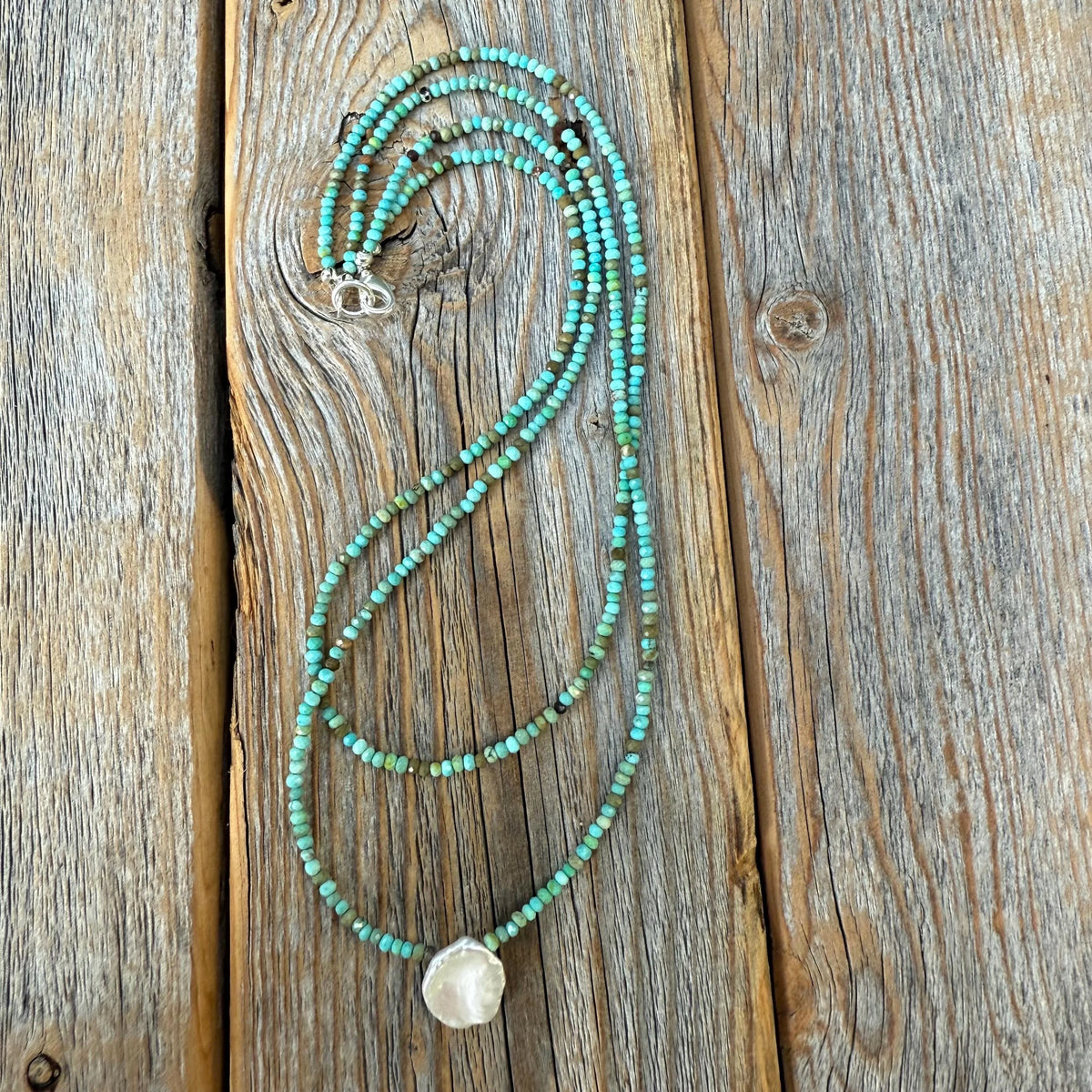 Turquoise Layered Necklace with Coin Pearl Pendant, Dainty Boho Beach Jewelry