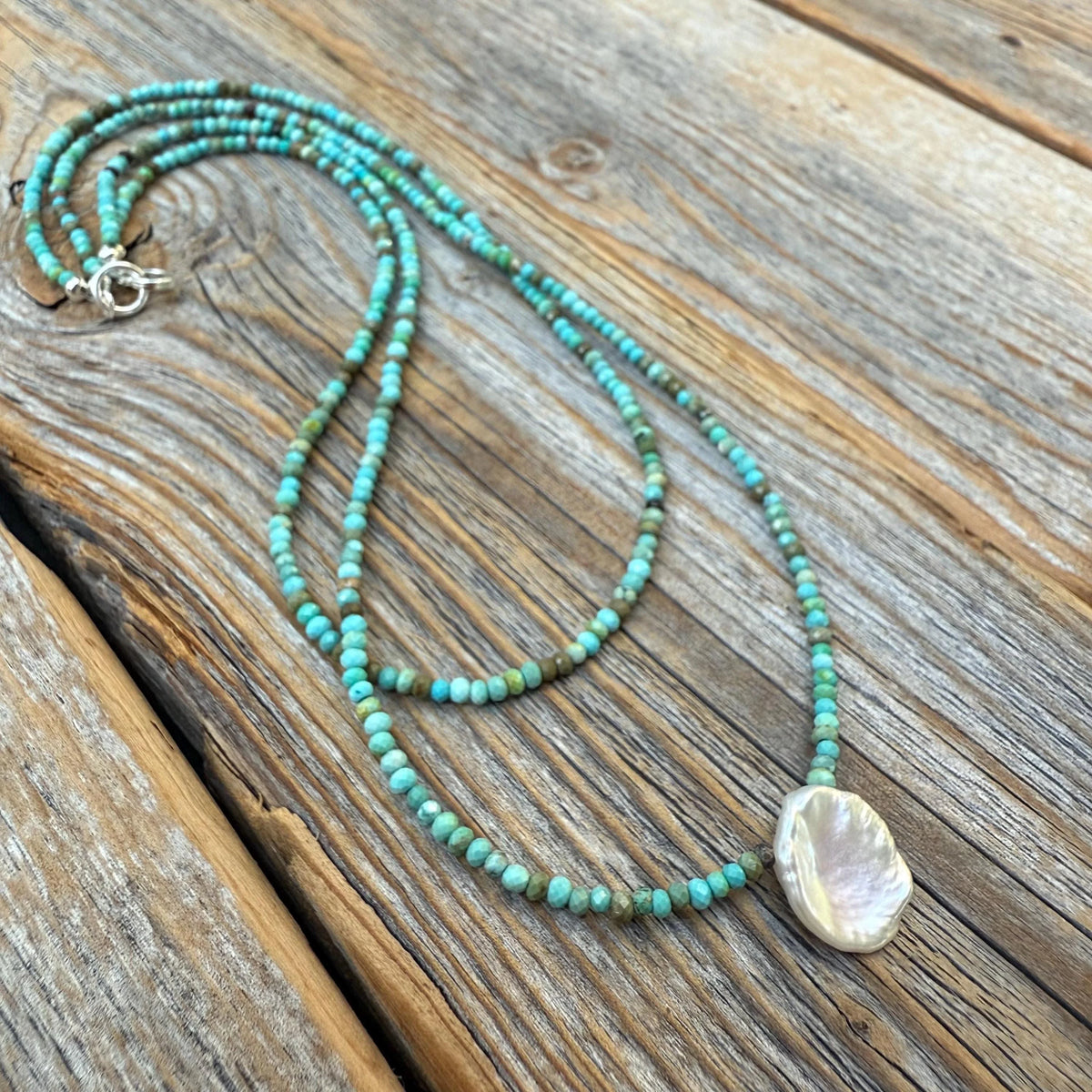 Turquoise Layered Necklace with Coin Pearl Pendant, Dainty Boho Beach Jewelry