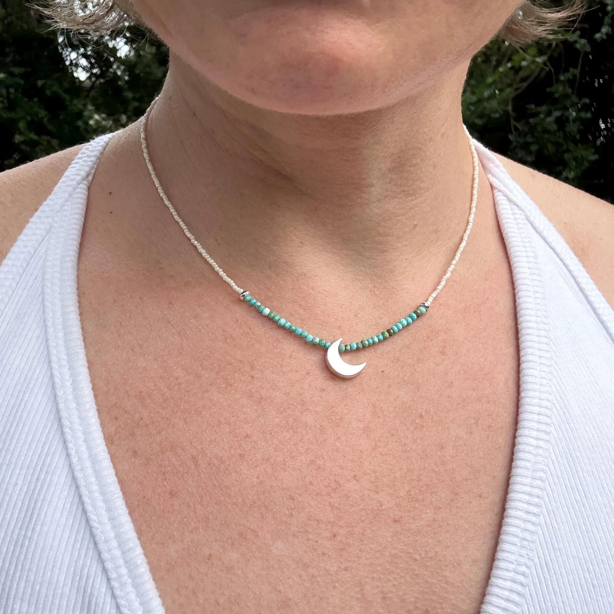 Turquoise Moon Necklace – Sterling Silver Crescent, Czech Glass Beads