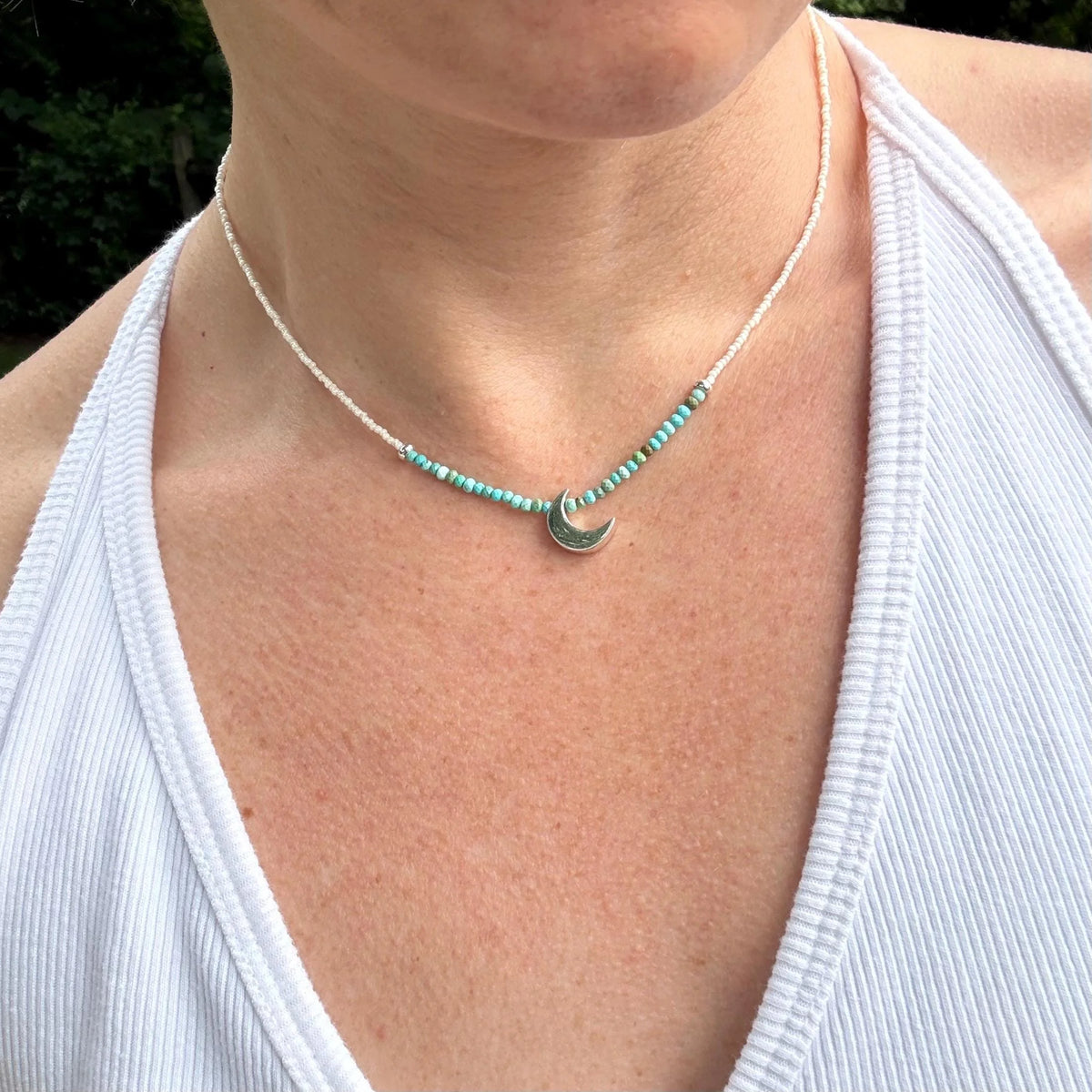 Turquoise Moon Necklace – Sterling Silver Crescent, Czech Glass Beads