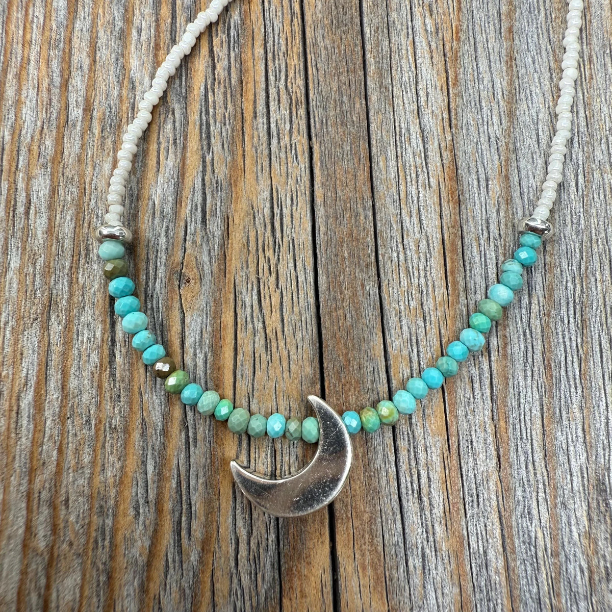 Turquoise Moon Necklace – Sterling Silver Crescent, Czech Glass Beads