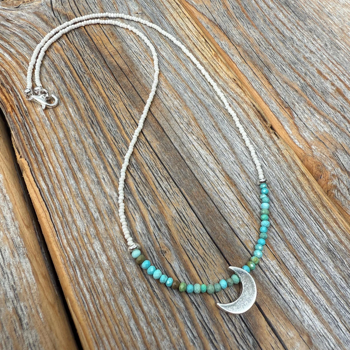 Turquoise Moon Necklace – Sterling Silver Crescent, Czech Glass Beads