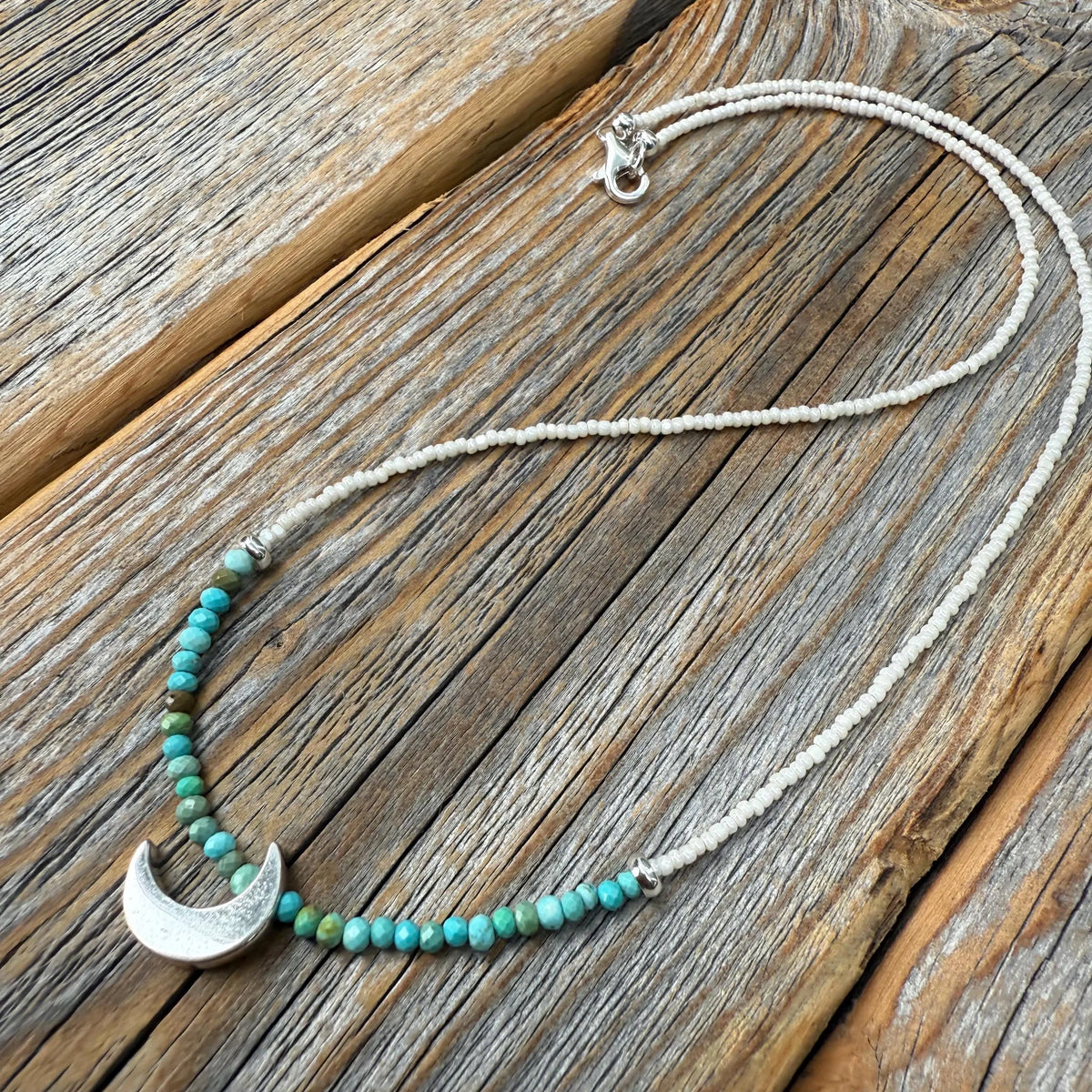 Turquoise Moon Necklace – Sterling Silver Crescent, Czech Glass Beads