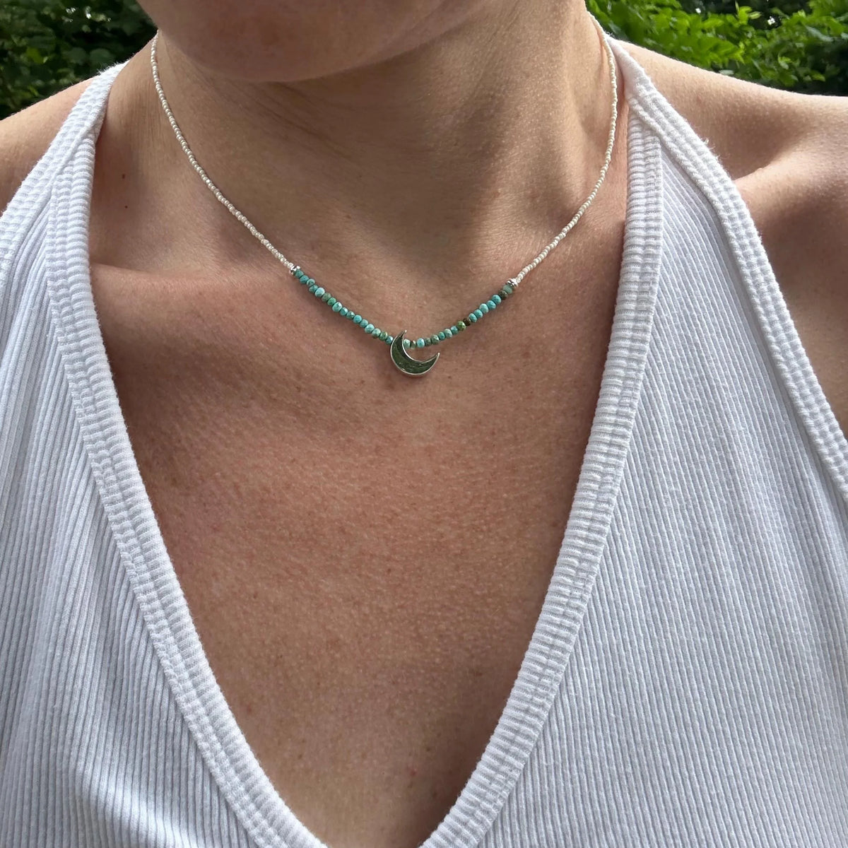Turquoise Moon Necklace – Sterling Silver Crescent, Czech Glass Beads