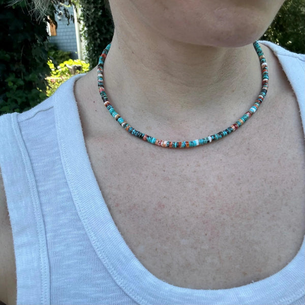 Turquoise Necklace, Handcrafted Boho Layered Gemstone Jewelry with Spiny Oyster Shell