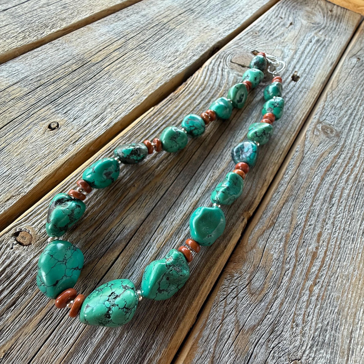 Turquoise Nugget & Jasper Necklace – Sterling Silver Boho Jewelry
