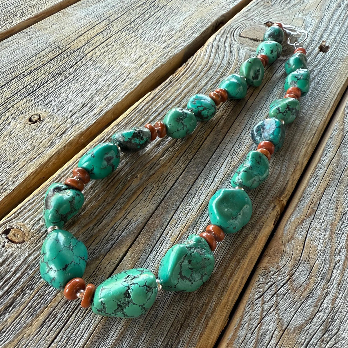 Turquoise Nugget & Jasper Necklace – Sterling Silver Boho Jewelry