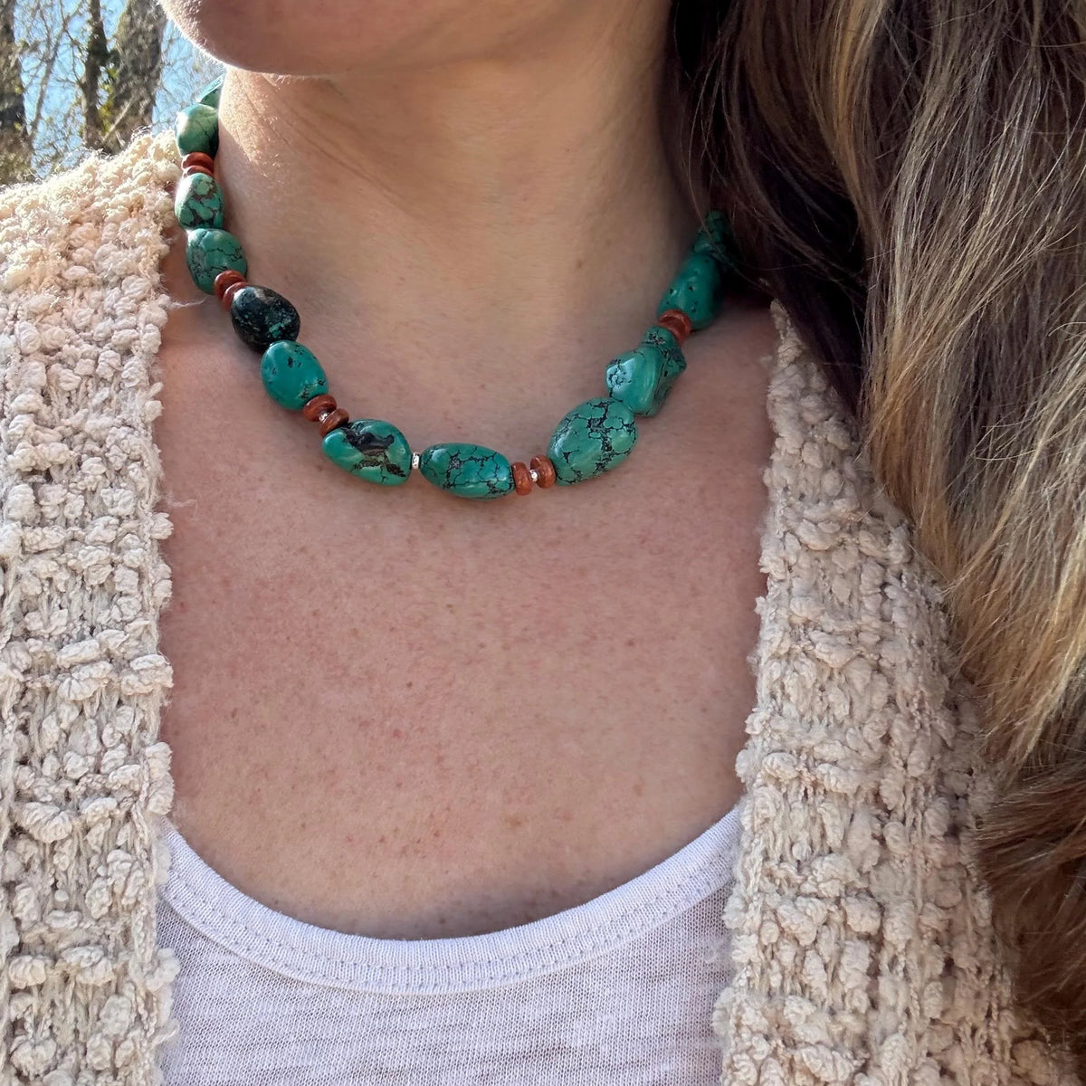 Turquoise Nugget & Jasper Necklace – Sterling Silver Boho Jewelry