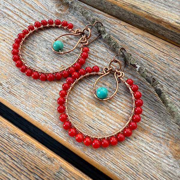 Turquoise & Red Coral Copper Hoop Earrings, Southwest Boho Dangles