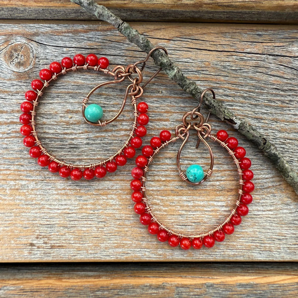 Turquoise & Red Coral Copper Hoop Earrings, Southwest Boho Dangles