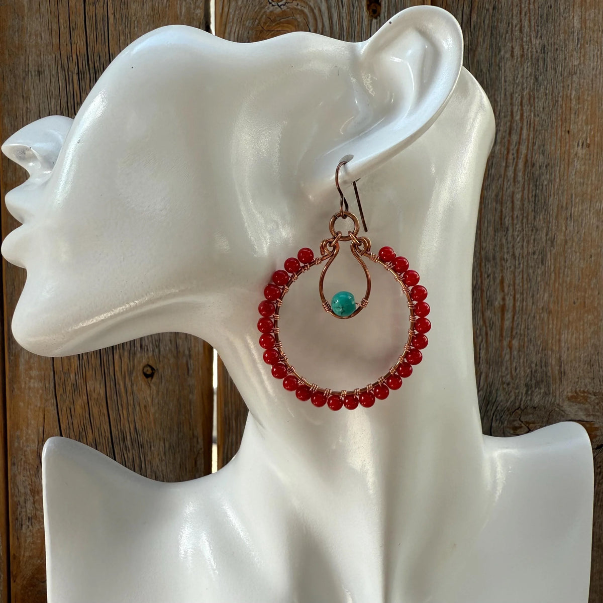 Turquoise & Red Coral Copper Hoop Earrings, Southwest Boho Dangles