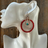 Turquoise & Red Coral Copper Hoop Earrings, Southwest Boho Dangles