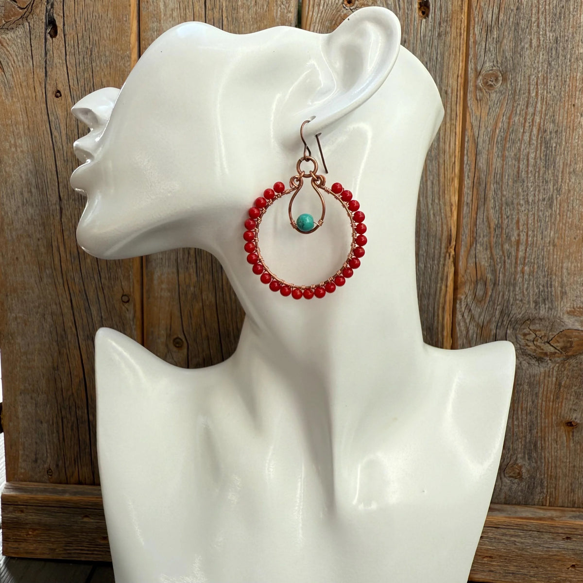 Turquoise & Red Coral Copper Hoop Earrings, Southwest Boho Dangles