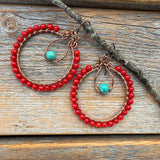 Turquoise & Red Coral Copper Hoop Earrings, Southwest Boho Dangles