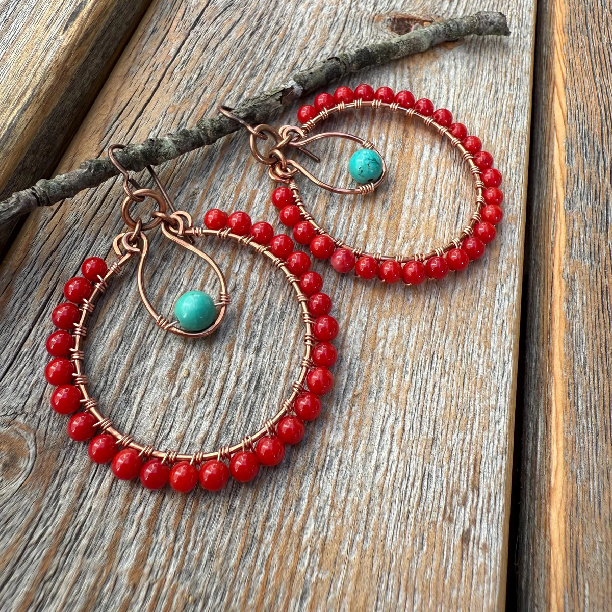 Turquoise & Red Coral Copper Hoop Earrings, Southwest Boho Dangles