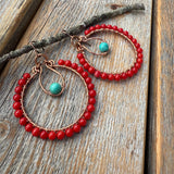 Turquoise & Red Coral Copper Hoop Earrings, Southwest Boho Dangles