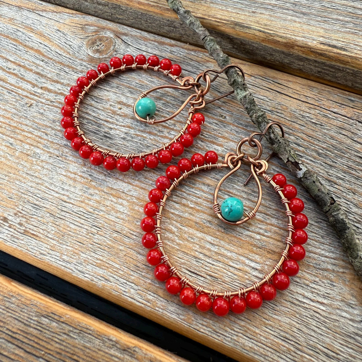 Turquoise & Red Coral Copper Hoop Earrings, Southwest Boho Dangles