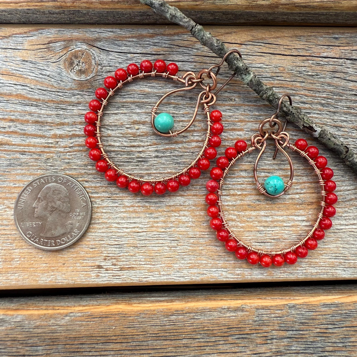 Turquoise & Red Coral Copper Hoop Earrings, Southwest Boho Dangles