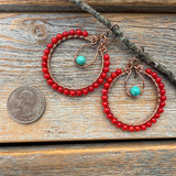 Turquoise & Red Coral Copper Hoop Earrings, Southwest Boho Dangles