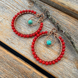 Turquoise & Red Coral Copper Hoop Earrings, Southwest Boho Dangles