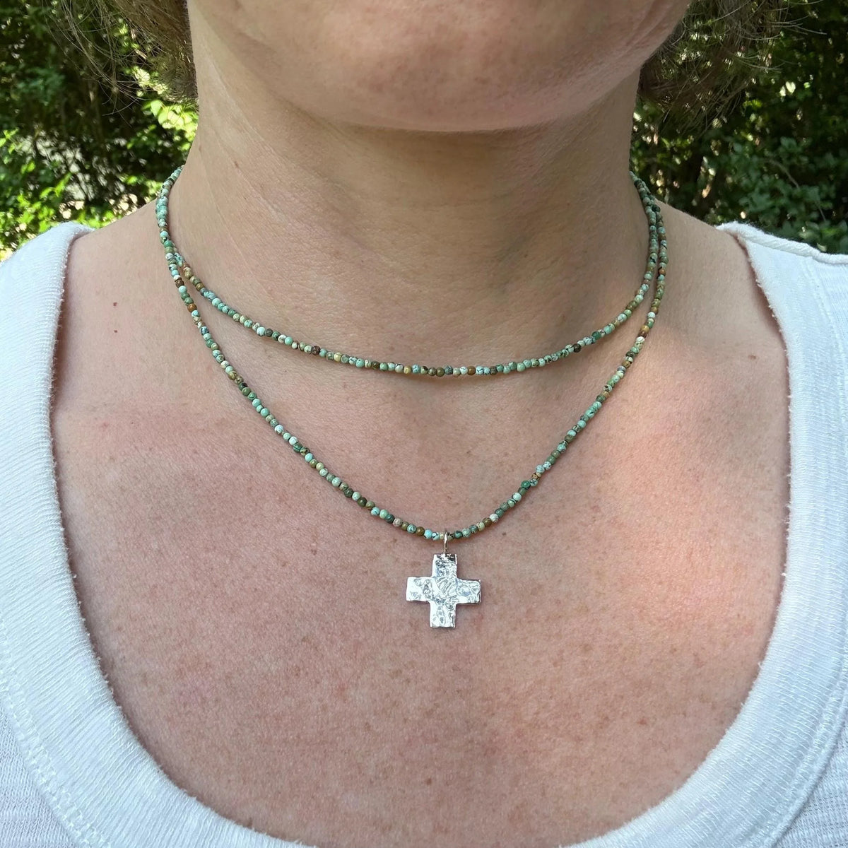 Turquoise Seed Bead Cross Necklace, Hammered Sterling Silver Pendant