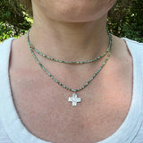 Turquoise Seed Bead Cross Necklace, Hammered Sterling Silver Pendant