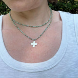 Turquoise Seed Bead Cross Necklace, Hammered Sterling Silver Pendant