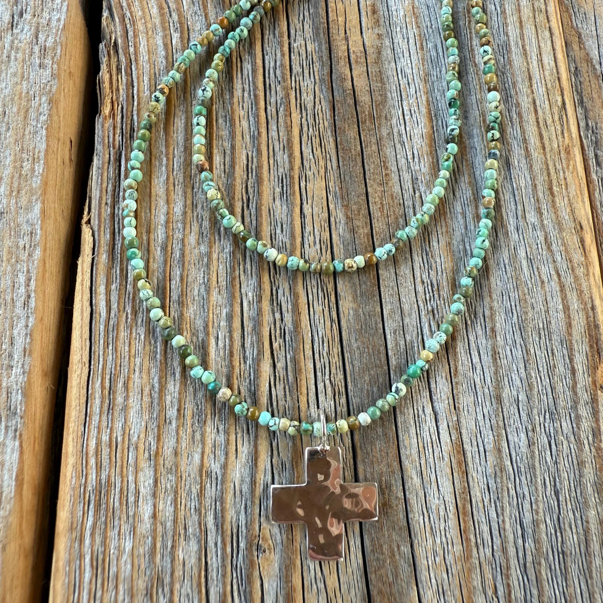 Turquoise Seed Bead Cross Necklace, Hammered Sterling Silver Pendant