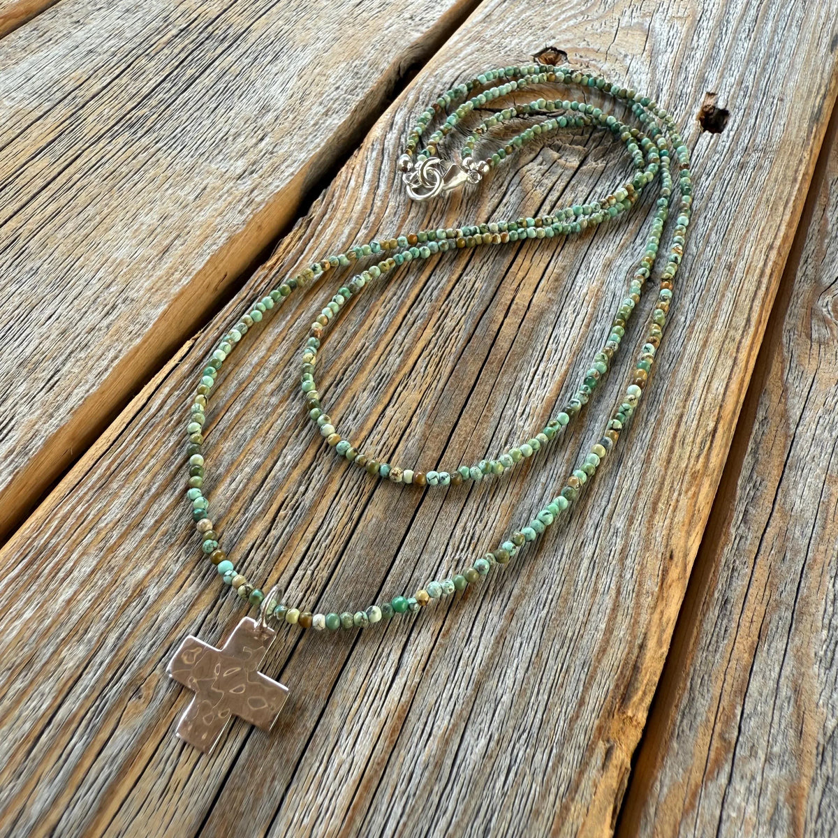 Turquoise Seed Bead Cross Necklace, Hammered Sterling Silver Pendant