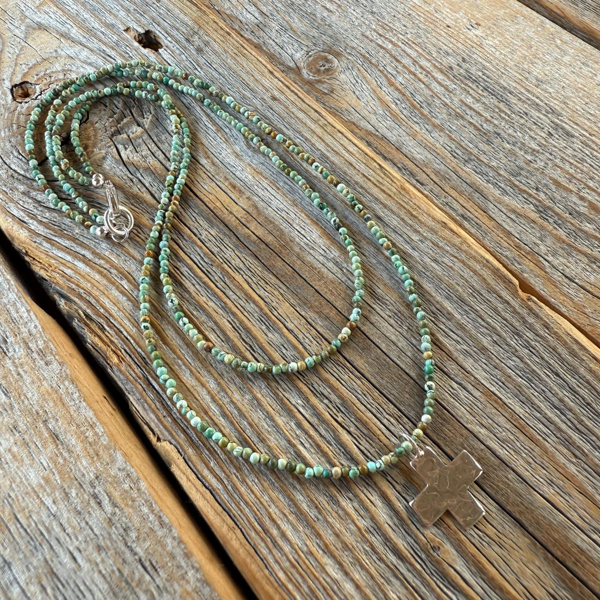 Turquoise Seed Bead Cross Necklace, Hammered Sterling Silver Pendant