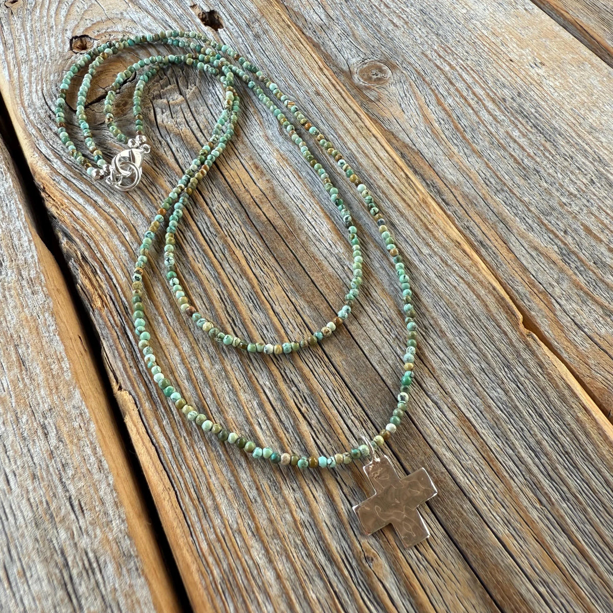 Turquoise Seed Bead Cross Necklace, Hammered Sterling Silver Pendant