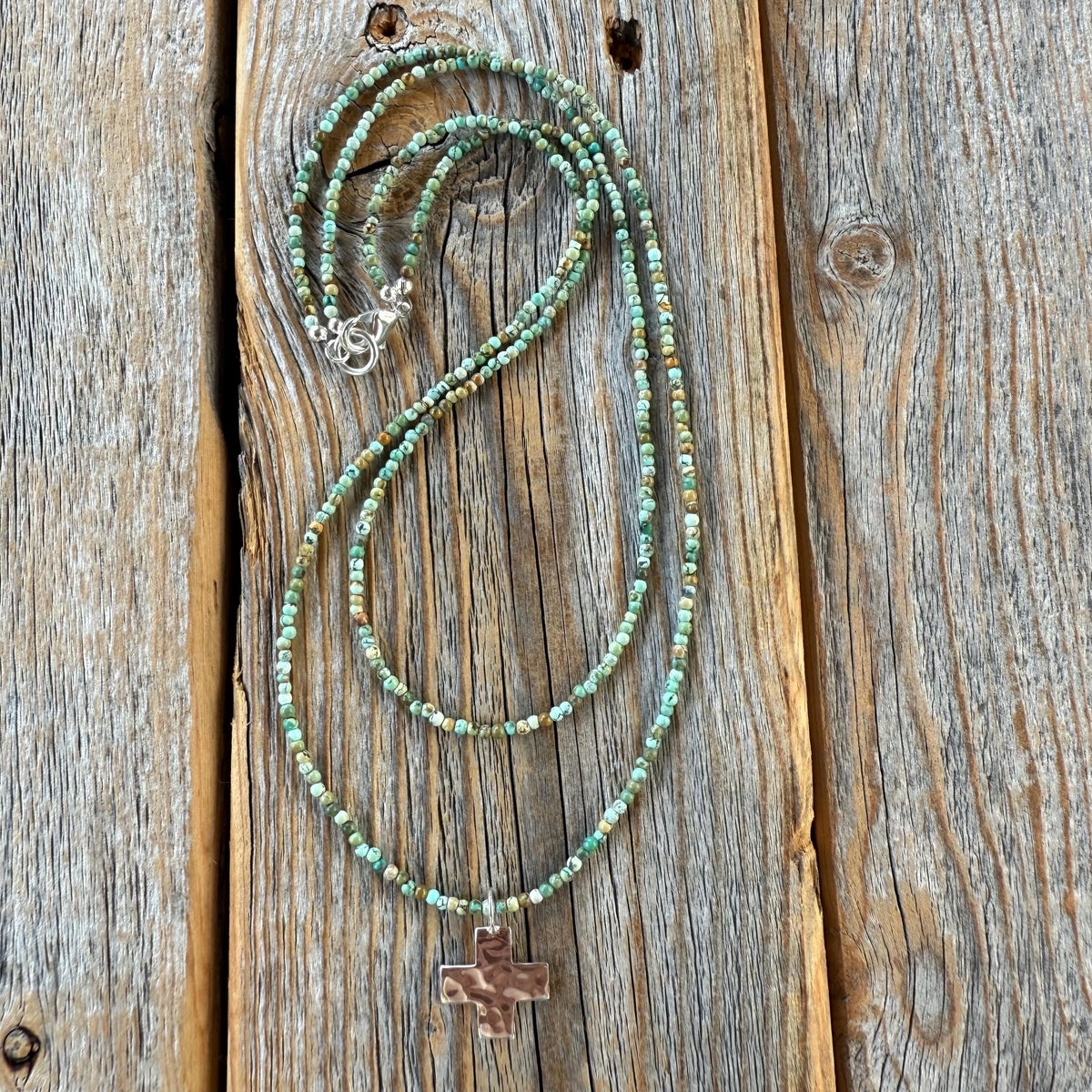 Turquoise Seed Bead Cross Necklace, Hammered Sterling Silver Pendant