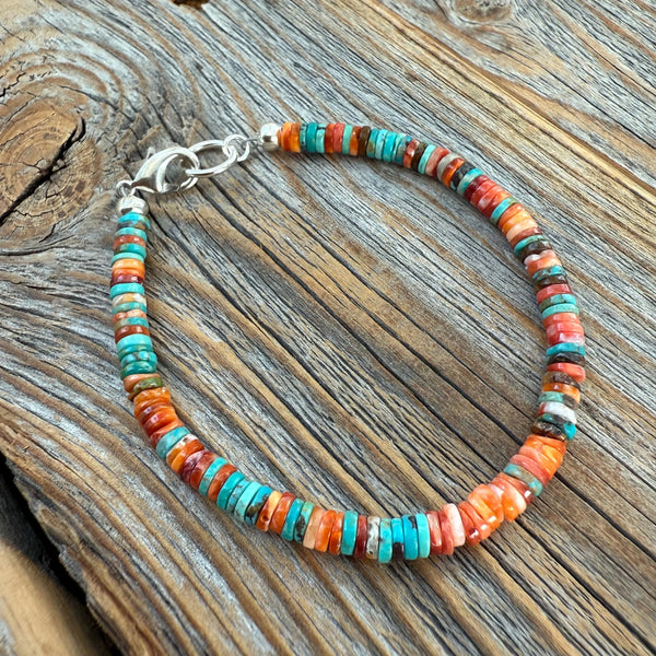 Turquoise Spiny Oyster Heishi Bracelet, Southwestern Boho Beaded Jewelry
