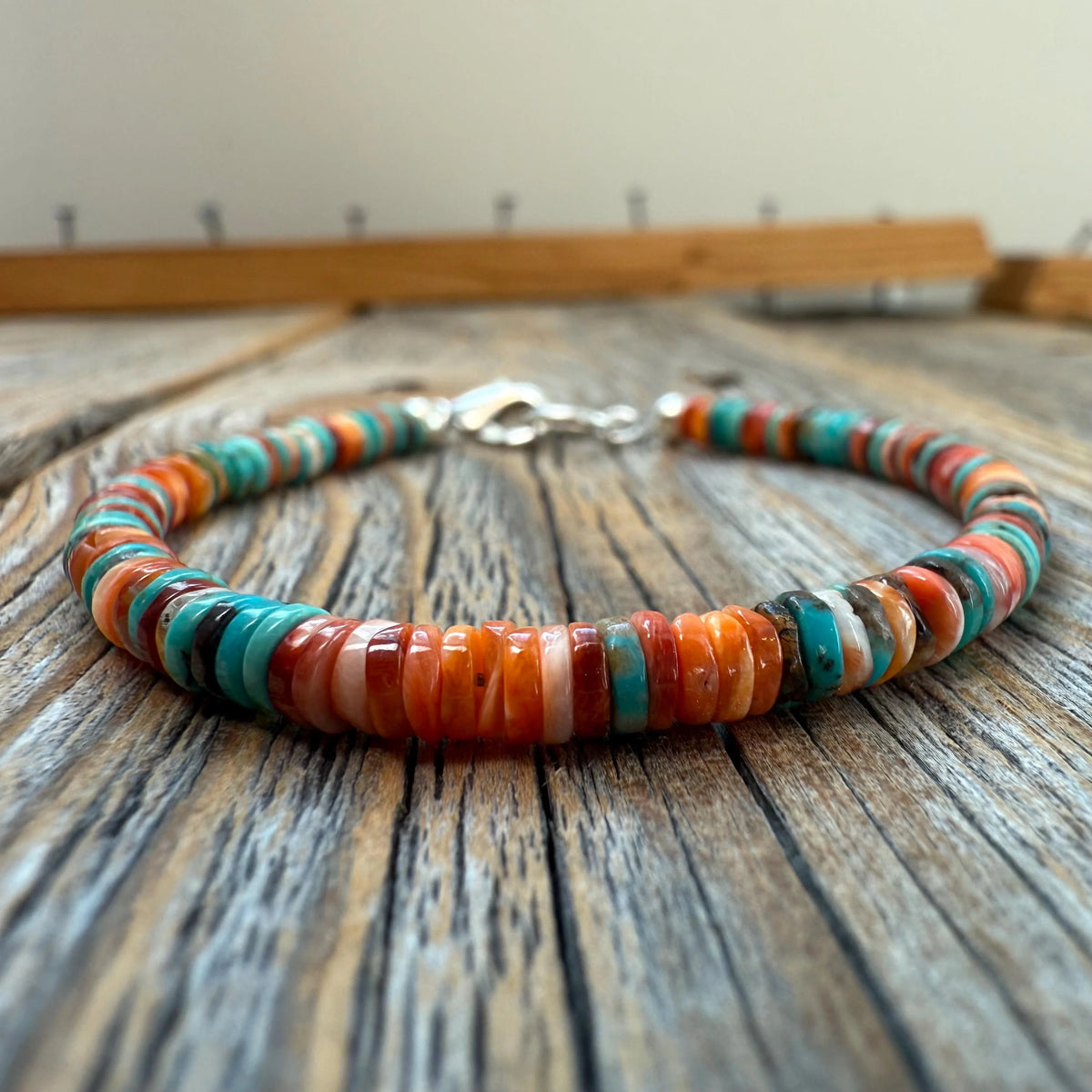 Turquoise Spiny Oyster Heishi Bracelet, Southwestern Boho Beaded Jewelry