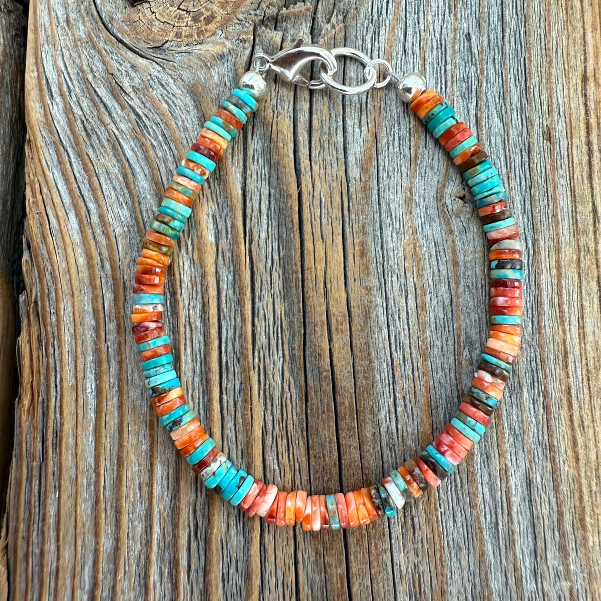 Turquoise Spiny Oyster Heishi Bracelet, Southwestern Boho Beaded Jewelry