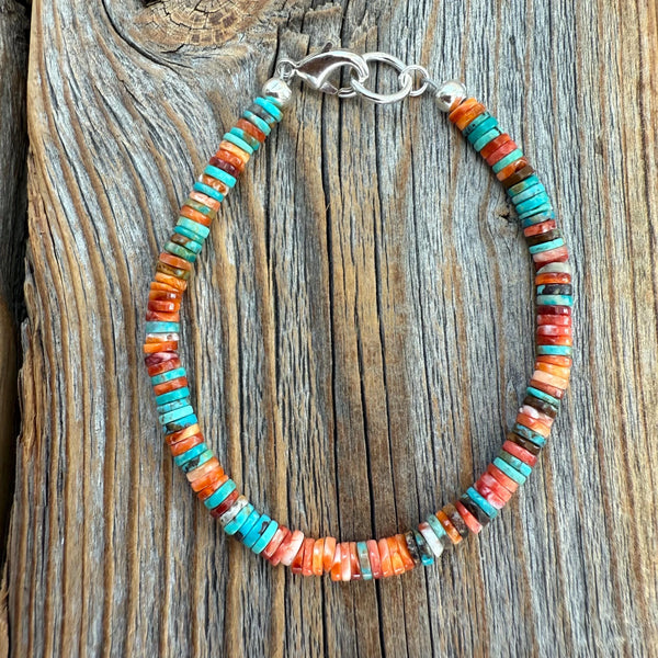 Turquoise Spiny Oyster Heishi Bracelet, Southwestern Boho Beaded Jewelry